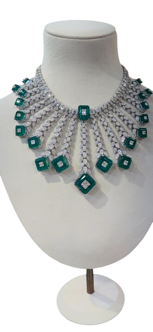 Three Layer Cubic Zirconia Green Stone Necklace Set